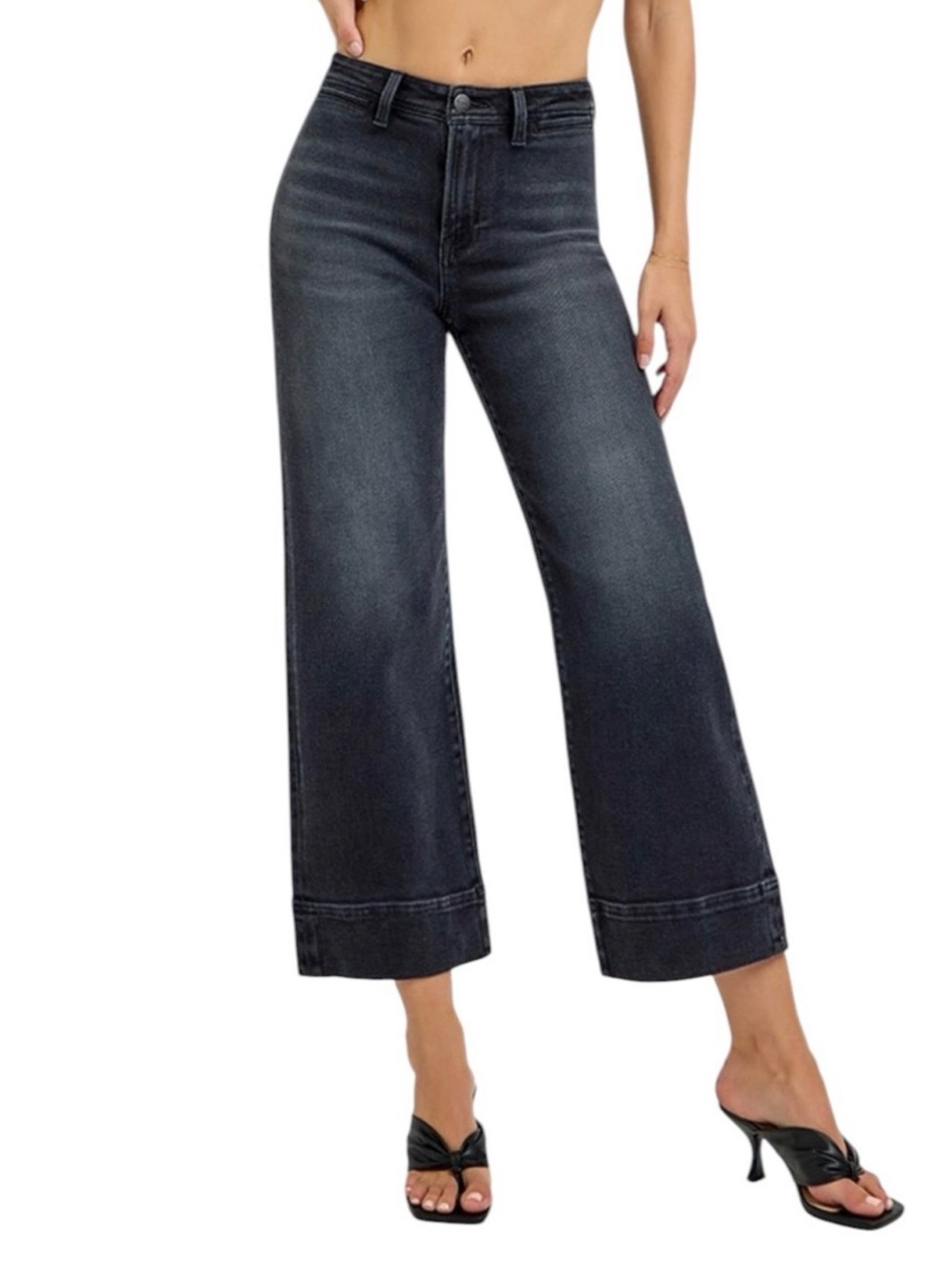 K62 Risen Wide Leg High-Rise Crop Style Jeans Washed Black Wide Hem
